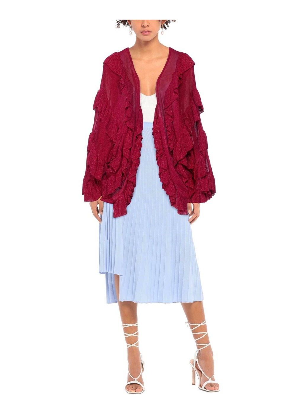 NWT ANIYE BY Metallic Lurex Ruffle Open Front Cardigan Burgundy SIZE S